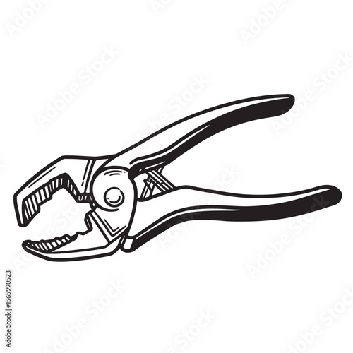 Hand drawn illustration of lineman's pliers in black and white for construction or repair