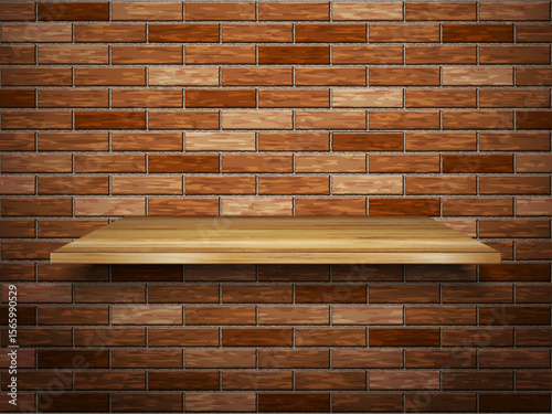 Wooden shelf on brick wall