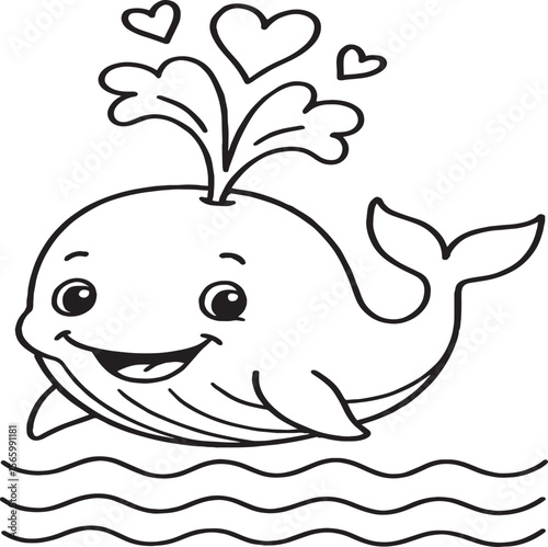 Playful Cartoon Whale with Hearts and Water Splash – Black and White Line Drawing for Kids
