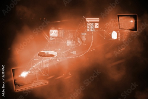Digital concept is depicting data flow linking laptop to tablet with search and fingerprint icons