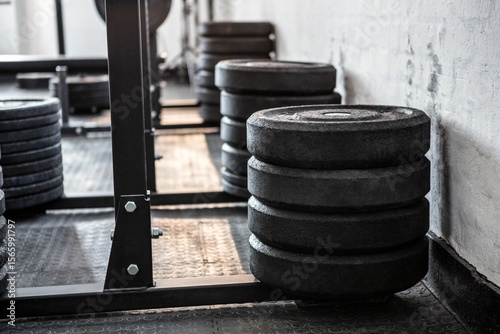Weight plates in fitness studio