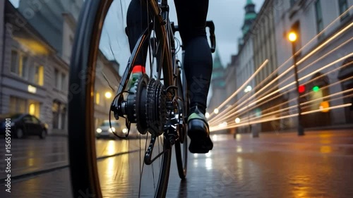 Close up view of bicycle wheels on a wet city street at night with buildings in background. Motion blur from passing lights creates a dynamic effect. Dominant colors are black, gray, and orange