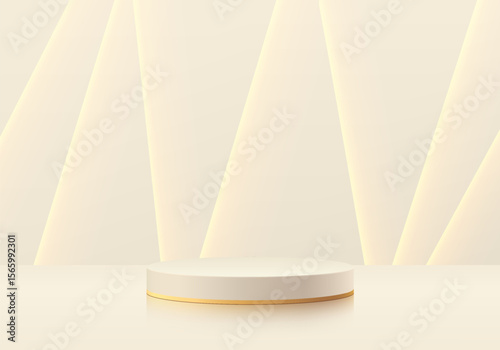 Beige 3D cylindrical podium background with golden lighting lines on wall scene. Minimalist mockup pedestal. Abstract luxury stand product display presentation. Stage showcase. Vector platform design.