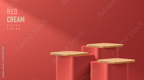 Realistic 3D round corner cube stand podium set in red color scene. Vector abstract geometric platforms design. Wall minimalist scene cosmetic products stage for showcase, Banner promotion display.