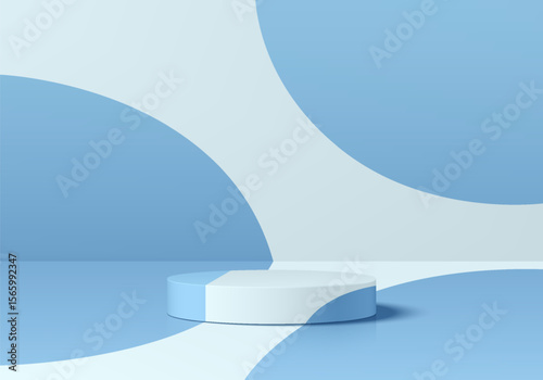 3D blue, white cylindrical pedestal podium background with polka dot wall scene. Minimalist mockup pedestal. Abstract stand product display presentation. Stage for showcase. Vector platform design.