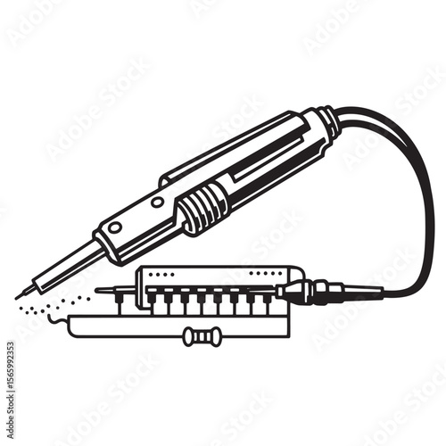 Monochrome vector illustration of soldering iron soldering electronic components on a white background