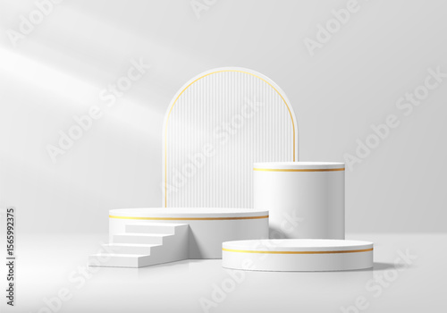 3D white cylindrical podium background with stair and arch backdrop wall scene. Minimalist mockup pedestal abstract stand product display presentation, Stage for showcase. Platforms vector design.