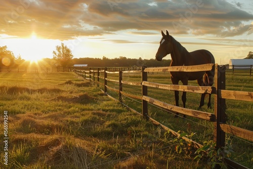 Vibrant Picture of Fence on the Farm at Sunset with Horse