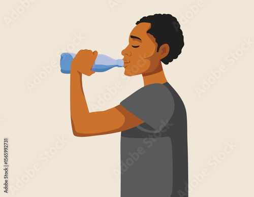 African Man Drinking from Water Bottle Vector Cartoon. guy maintaining the healthy habit of hydrating during summer
