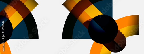 Abstract composition featuring overlapping circular segments. Warm colors contrast with dark shades on white background. Modern design elements present.
