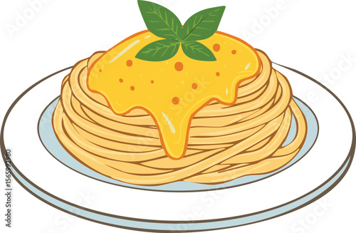 A plate of spaghetti topped with a creamy, yellow sauce, garnished with fresh basil leaves.