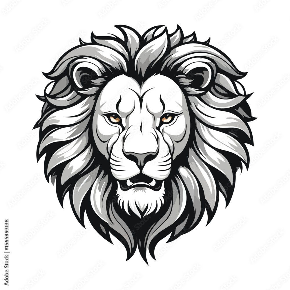 Obraz premium Regal Lion Head Mascot Logo – Black and White Vector Symbol of Strength and Leadership 