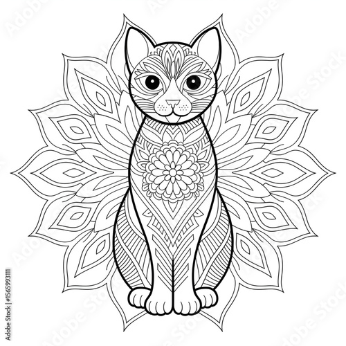 Mandala cat colouring page line art 