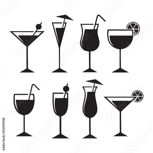 cocktail black icon set pack collection silhouette line art vector flat illustration design on white background