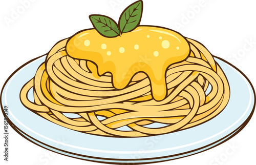 A plate of spaghetti topped with a creamy, yellow sauce and fresh basil.