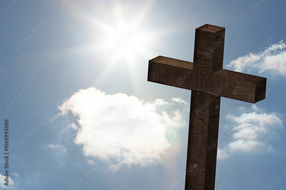 Wooden cross standing against blue sky in flat vector design, showing radiant sun rays and clouds Wooden cross standing against blue sky in flat vector design, showing radiant sun rays and clouds