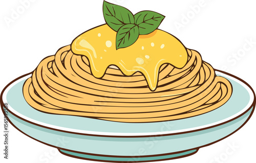 A plate of spaghetti topped with a generous amount of melted cheese sauce and fresh basil leaves.