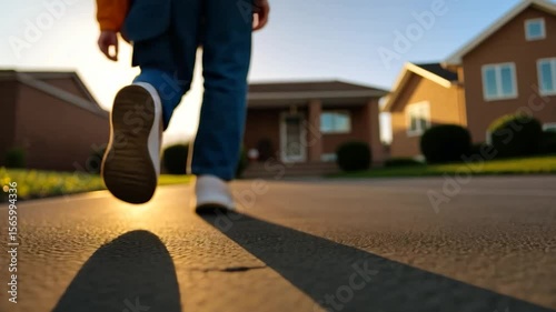 Close up of legs with white sneakers and blue jeans walking on road under sunlight. There are silhouette shadows on the road and modern houses on the background