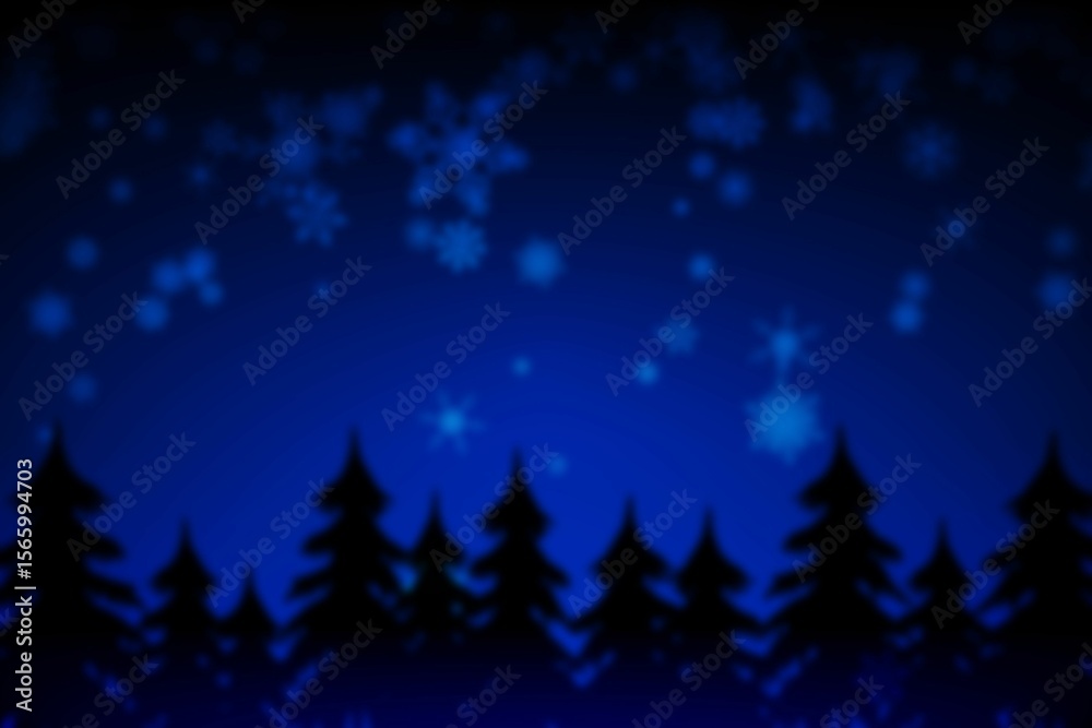 Obraz premium Evergreen silhouettes are lining deep blue night sky dotted with glowing snowflakes in flat style