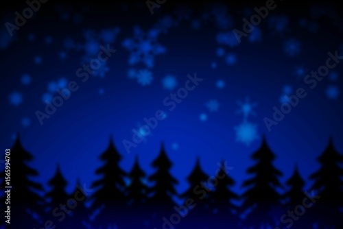 Evergreen silhouettes are lining deep blue night sky dotted with glowing snowflakes in flat style