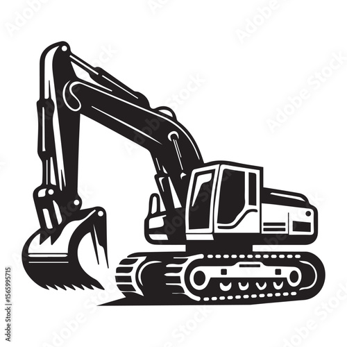 Excavator black icon silhouette line art vector flat illustration design on white background