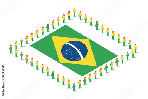 Brazil Flag Surrounded by Isometric People Brazilian