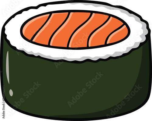 A single piece of salmon sushi, meticulously prepared, showcasing its vibrant orange fish and seaweed wrap.