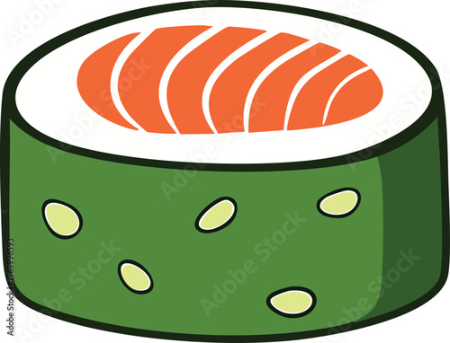 A single piece of delicious salmon sushi, seaweed wrapped, sesame seeds.