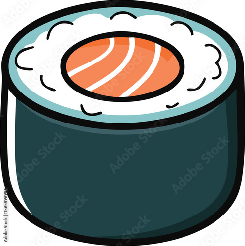 A single maki sushi roll featuring salmon, meticulously illustrated in a cartoon style.
