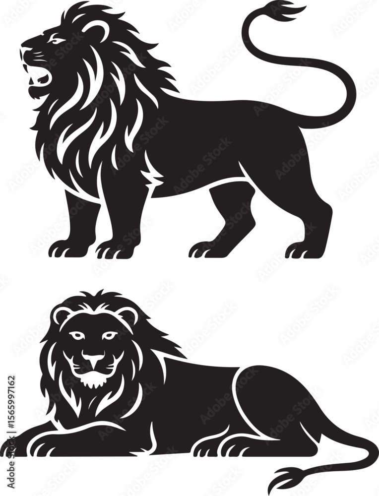 Obraz premium Majestic Lion Silhouette VectorKing of the Jungle Lion DesignFierce Lion Head IllustrationWild Lion Roar Silhouette ArtRegal Lion Animal Vector