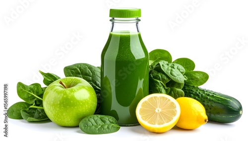 Green detox juice in a glass bottle with spinach, apple, cucumber, and lemon ingredients shown beside it. White background, modern healthy beverage layout.