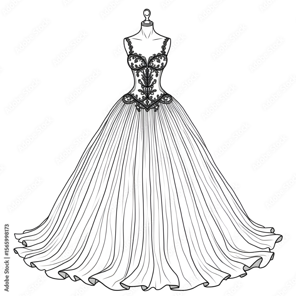 Fototapeta premium Ball gown dress illustration vector style colouring page 