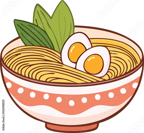 A bowl of delicious ramen noodles with boiled eggs and green garnish.