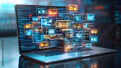 Digital file folders emerging from laptop screen, symbolizing efficient data organization, streamlined file management, and modern digital workflow solutions in a high-tech computing enviro 91178922 2