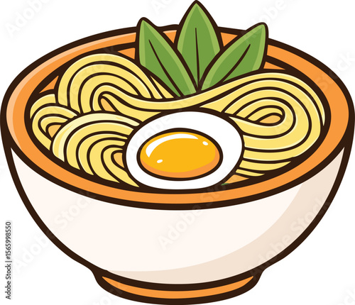 A bowl of ramen noodles garnished with a soft-boiled egg and fresh herbs.