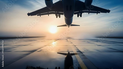 Airplane Taxiing on Runway at Sunset Golden Hour Front View