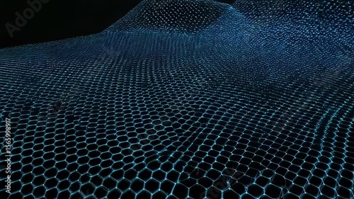 A complex blue network structure connects in an abstract design