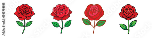 Red Rose Flower Flat Style Botanical Vector Illustration