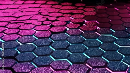 Hexagonal tiles glow with pink and blue light