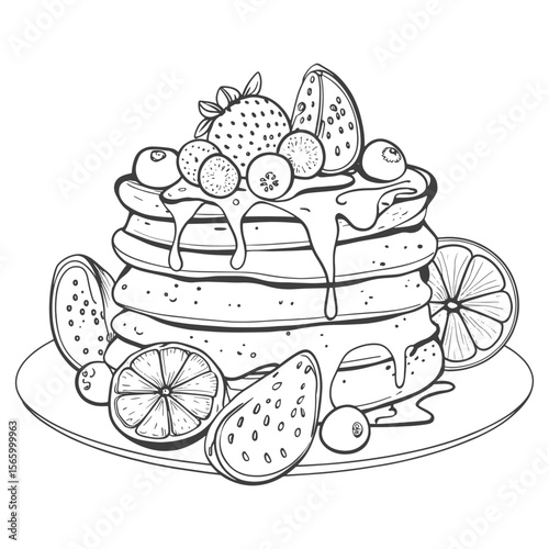 Hand-Drawn Pancake Stack with Butter Berries and Syrup Vintage Breakfast Illustration