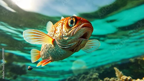 A vibrant shot captures an orange fish with an open mouth swimming near a coral reef with a turquoise ocean background, enhanced by sunlight and a smaller fish
