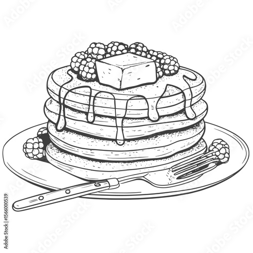 Hand-Drawn Pancake Stack with Butter Berries and Syrup Vintage Breakfast Illustration