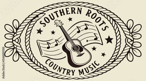 Southern Roots Country Music Emblem - Vintage Acoustic Guitar Logo Design