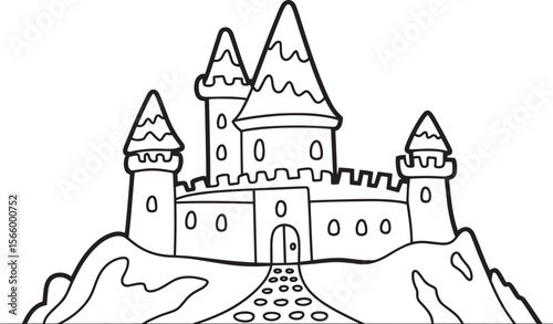 Classic Medieval Castle with Towers and Flags Coloring Page for Children and Adults, Medieval Castle Art, Fortress Coloring Page, Historic Tower Design, Ancient Castle Drawing, Royal Castle Outline