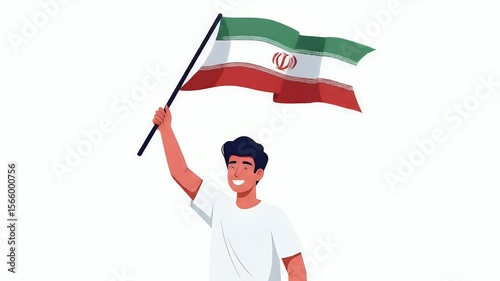 Waving Flag Animation Happy Man Holding Iranian National Flag