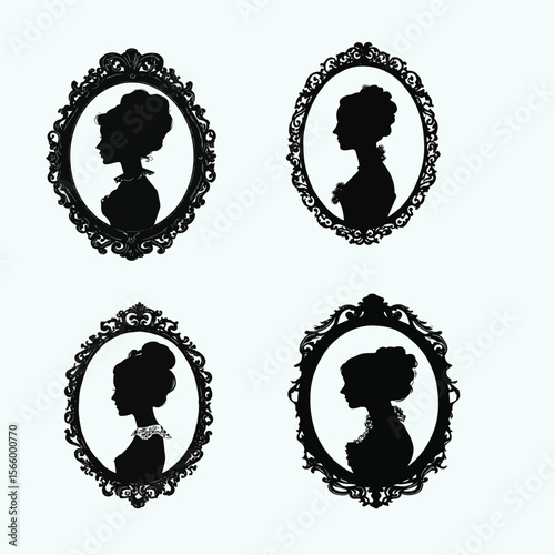 Vintage Cameo Silhouette of Elegant Woman in Ornate Oval Frame – Classic Victorian Profile Illustration Isolated on White