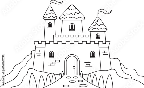 Classic Medieval Castle with Towers and Flags Coloring Page for Children and Adults, Medieval Castle Art, Fortress Coloring Page, Historic Tower Design, Ancient Castle Drawing, Royal Castle Outline