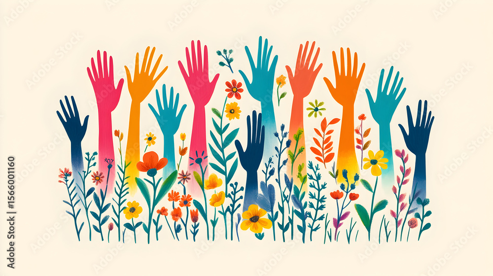 Obraz premium Vibrant illustration of diverse, colorful hands raised together, representing unity, active participation, cultural diversity, and the empowering force of collective action in a multicultura37238271 3