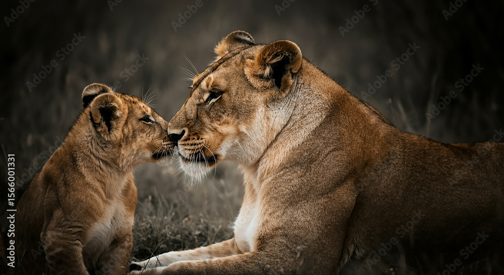 Obraz premium A lioness rests in the wild with her playful cubs surrounding her, showcasing a moment of family bonding in nature.