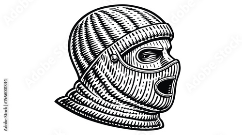 Vintage Knitted Ski Mask Illustration - Engraving Style Balaclava Design